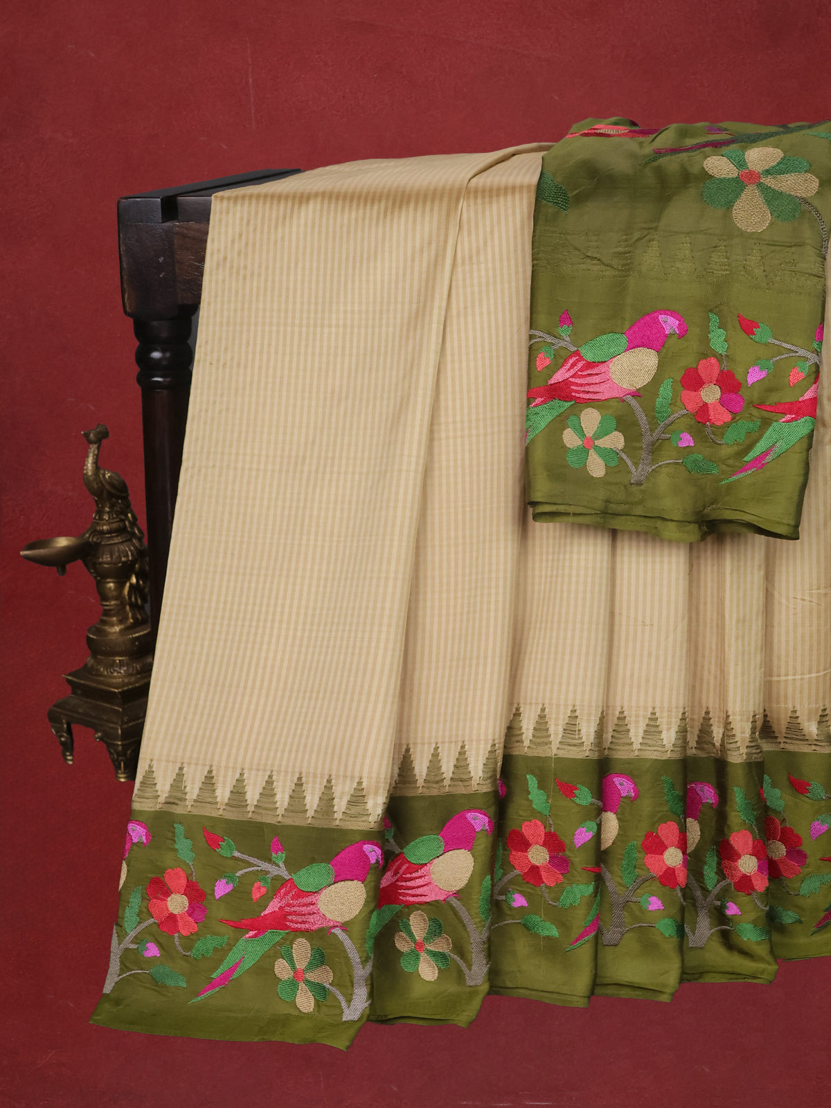 Sandal-Sap Green Pure Kanchipuram Silk Saree With Border Embroidery