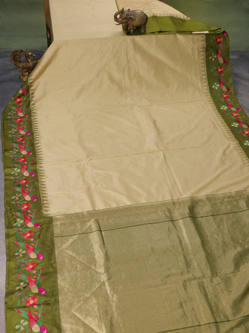 Sandal-Sap Green Pure Kanchipuram Silk Saree With Border Embroidery