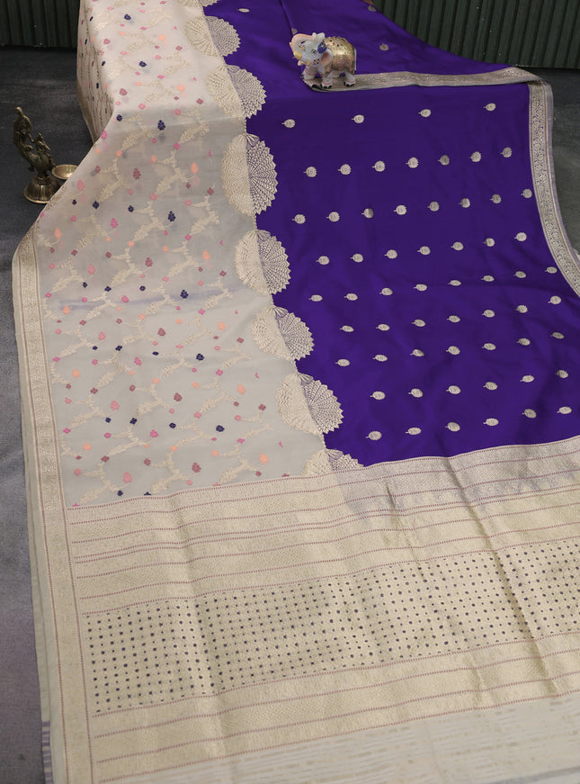Violet-Off White Banarasi Silk Saree With Kadwa Weaves