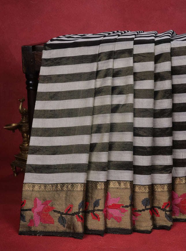 Off White-Black Tissue Silk Saree