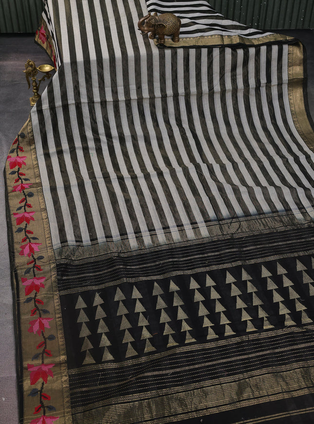 Off White-Black Tissue Silk Saree