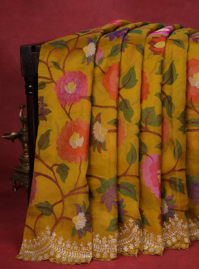Mustard Yellow Organza Silk Saree