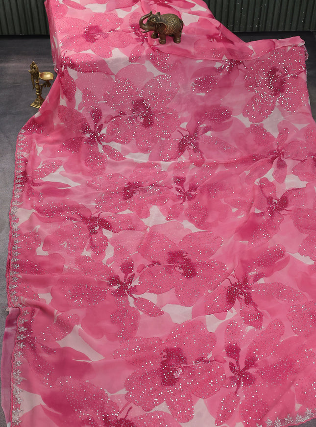 Peach Pink Georgette Sequin Embroidered Saree