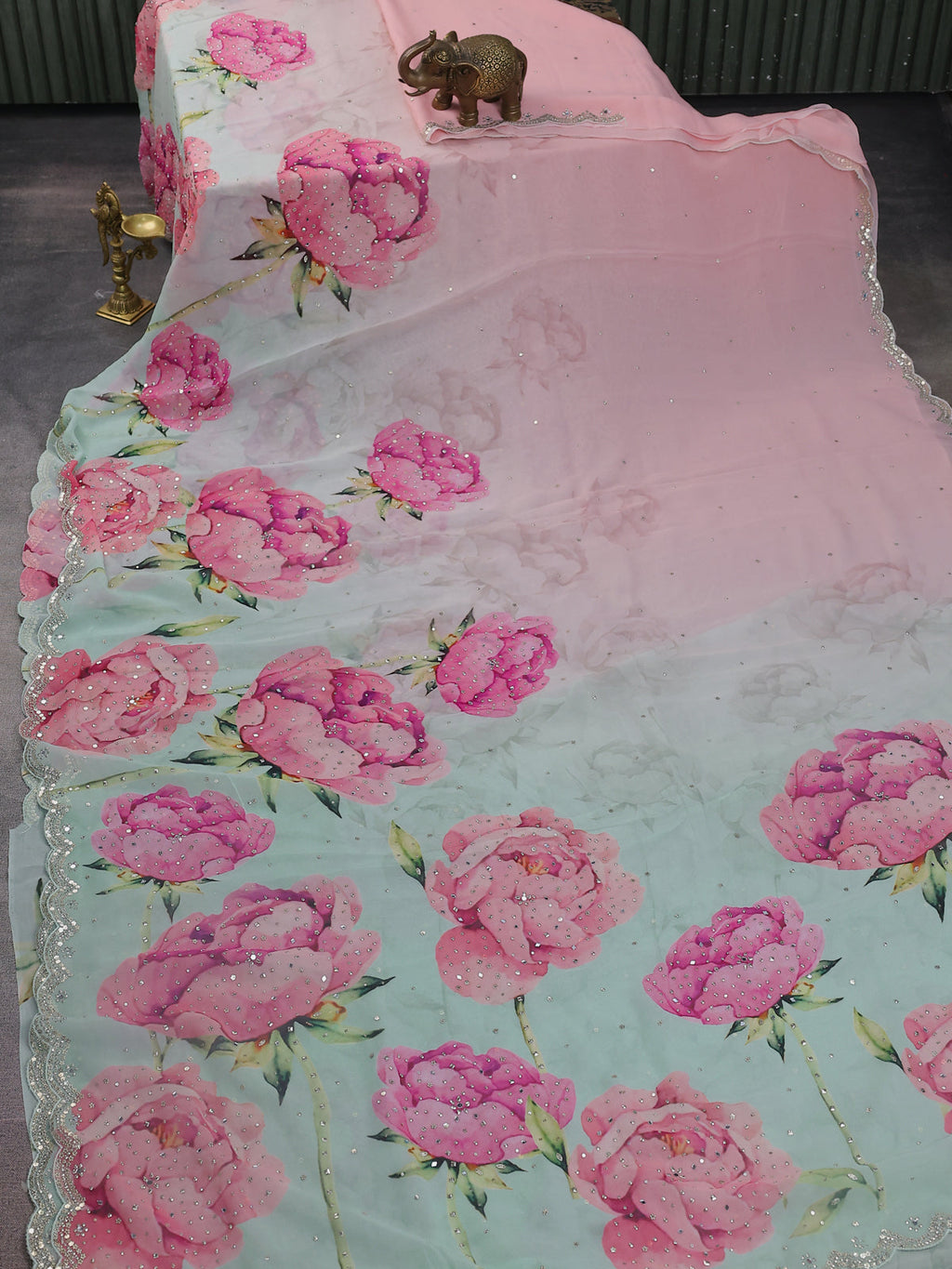 Teal Blue-Peach Shade Georgette Sequin Embroidered Saree