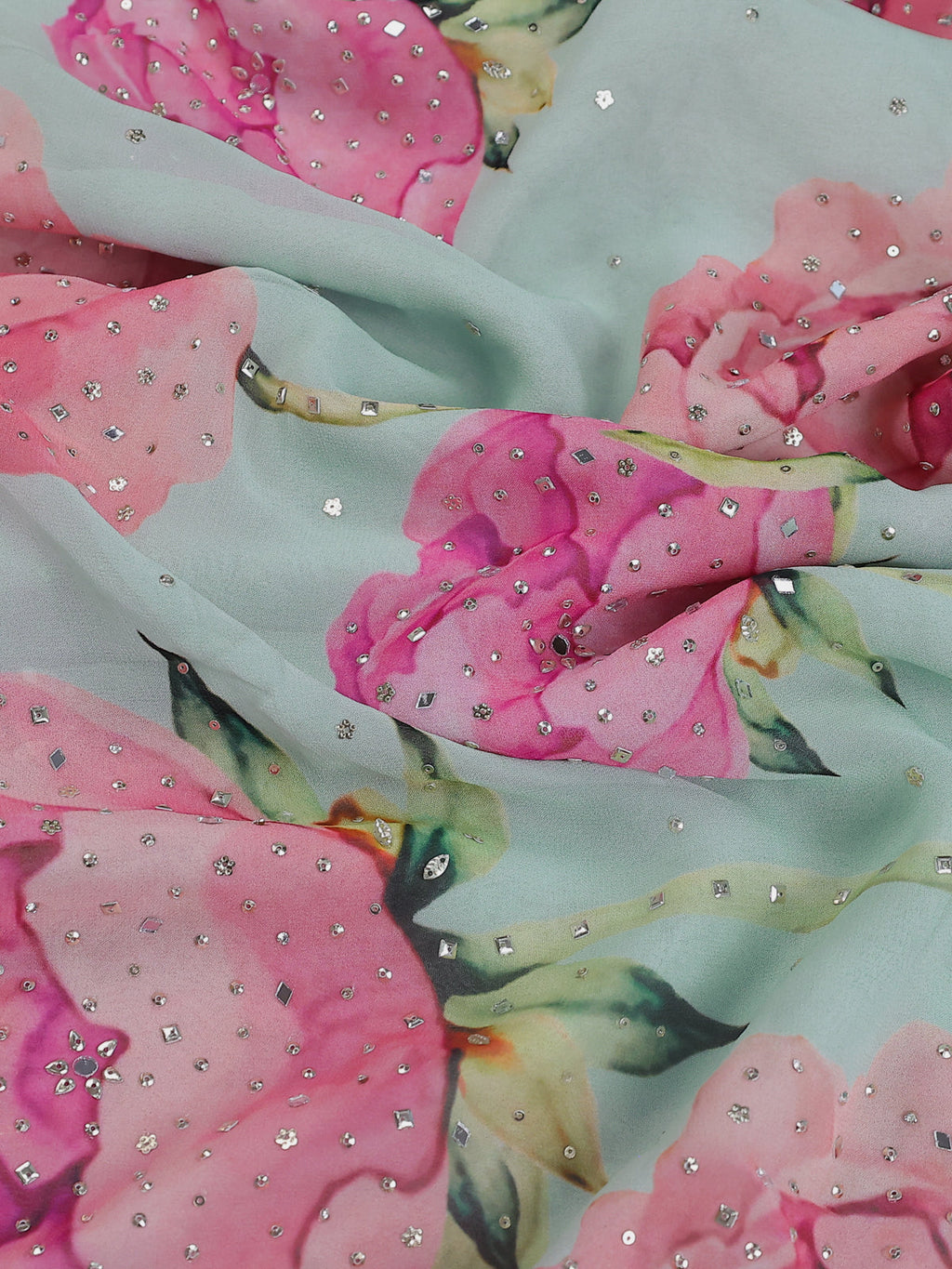 Teal Blue-Peach Shade Georgette Sequin Embroidered Saree