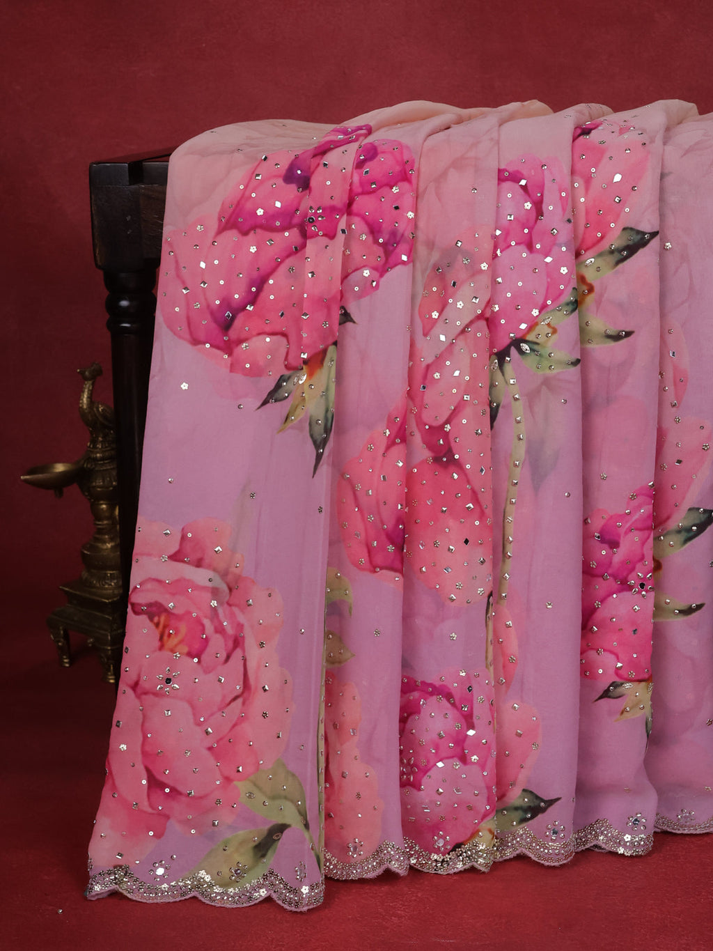 Lavender- Sandal Georgette Sequin Embroidered Saree