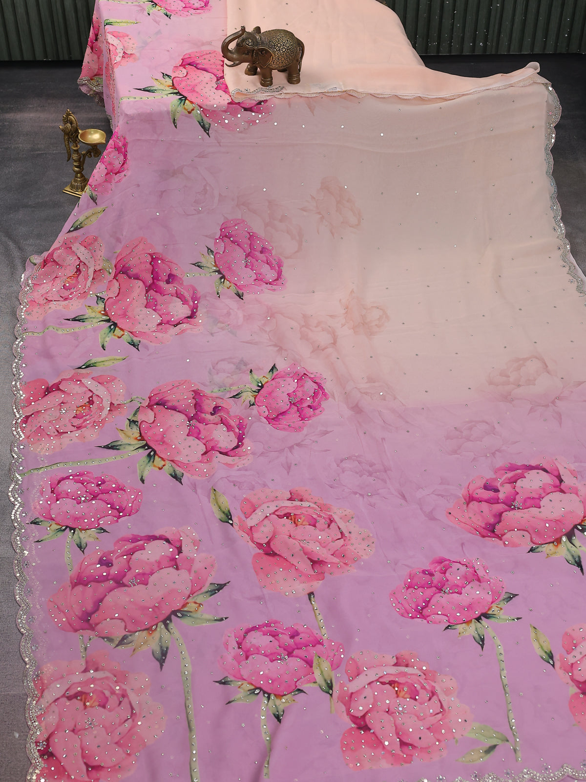 Lavender- Sandal Georgette Sequin Embroidered Saree