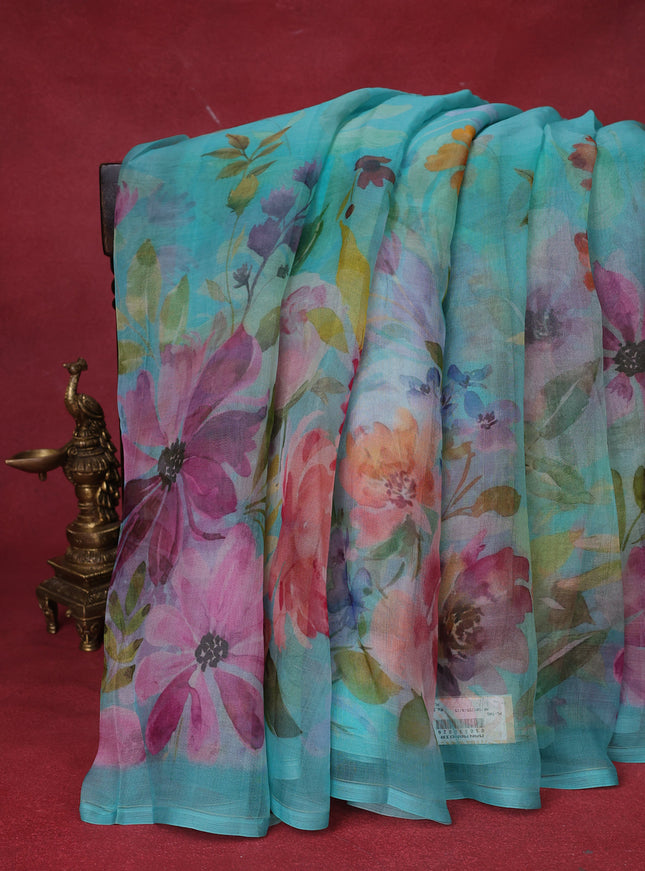 Teal Blue Organza Silk Saree