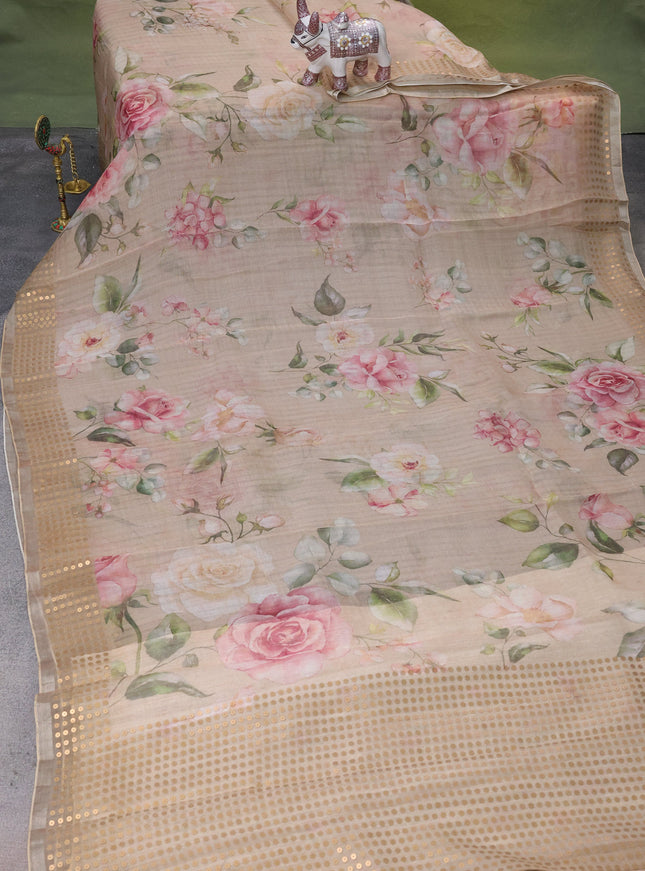 Beige Muslin Organza Silk Saree With Digital Prints