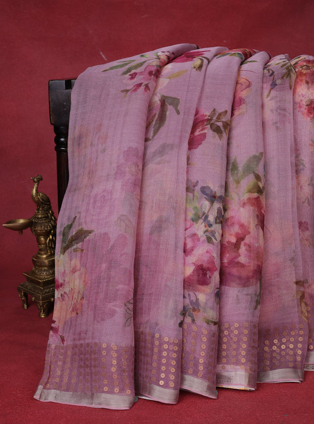 Mauve Pink  Muslin Organza Silk Saree With Digital Prints