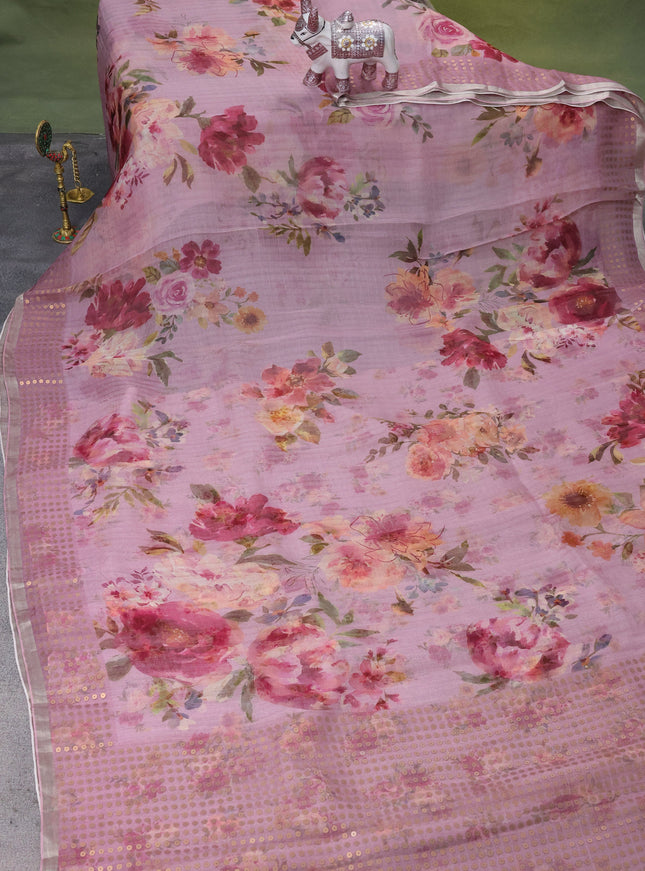 Mauve Pink  Muslin Organza Silk Saree With Digital Prints