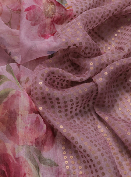 Mauve Pink  Muslin Organza Silk Saree With Digital Prints