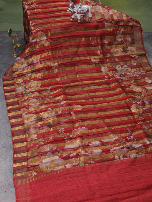 Maroon Organza Tissue Tussar Silk Saree With Digital Prints