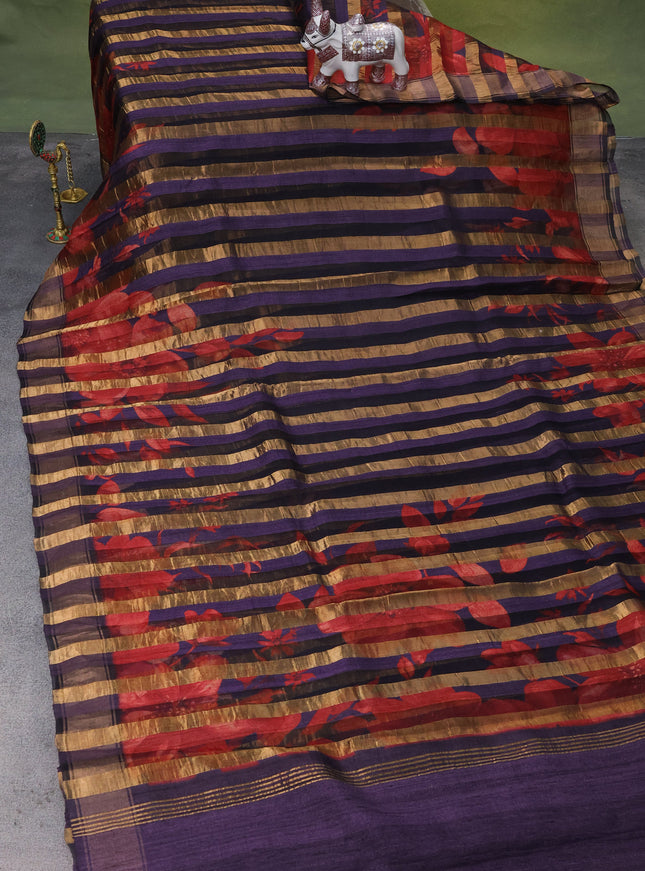 Deep Jamun Organza Tissue Tussar Silk Saree With Digital Prints