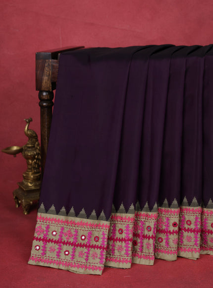 Deep Purple-Beige Pure Silk Saree With Kutch Embroidery