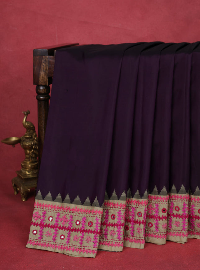 Deep Purple-Beige Pure Silk Saree With Kutch Embroidery