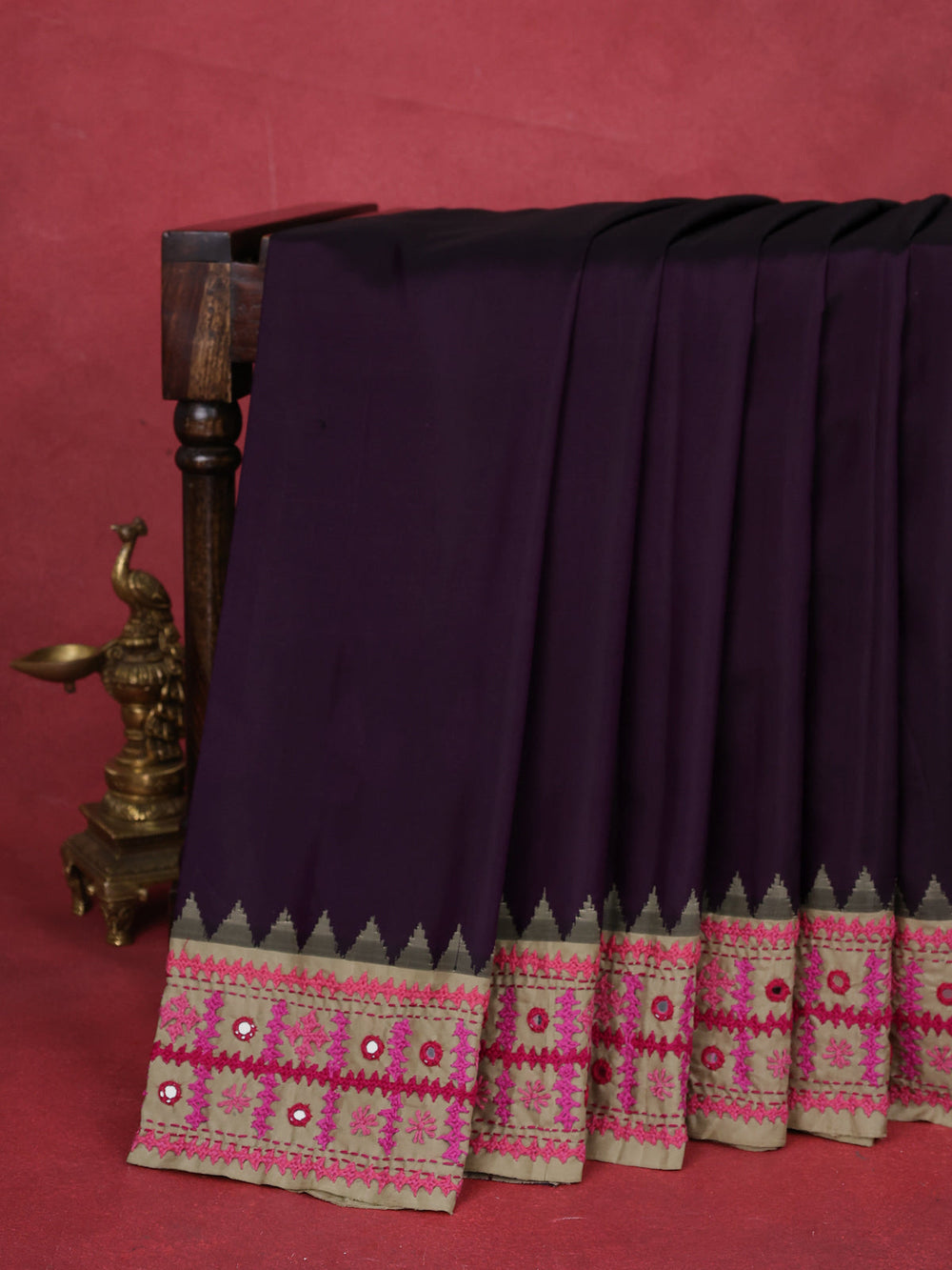 Deep Purple-Beige Pure Silk Saree With Kutch Embroidery