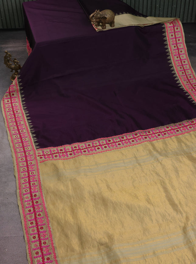Deep Purple-Beige Pure Silk Saree With Kutch Embroidery