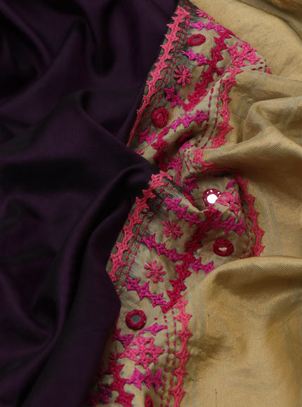 Deep Purple-Beige Pure Silk Saree With Kutch Embroidery