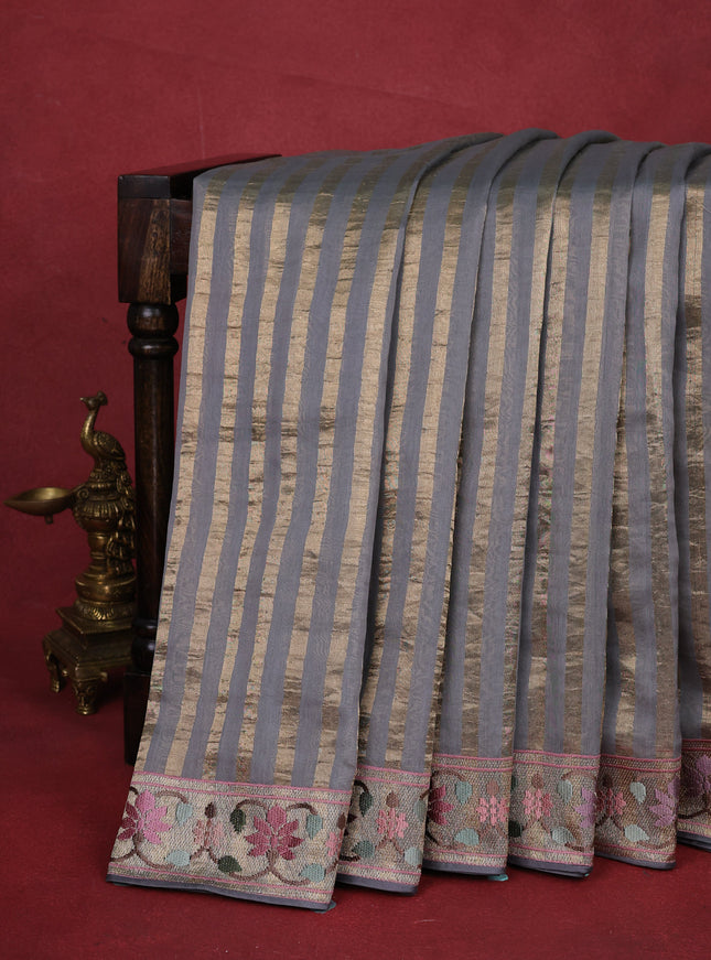Grey-Chanderi Cotton Saree With Embroidery
