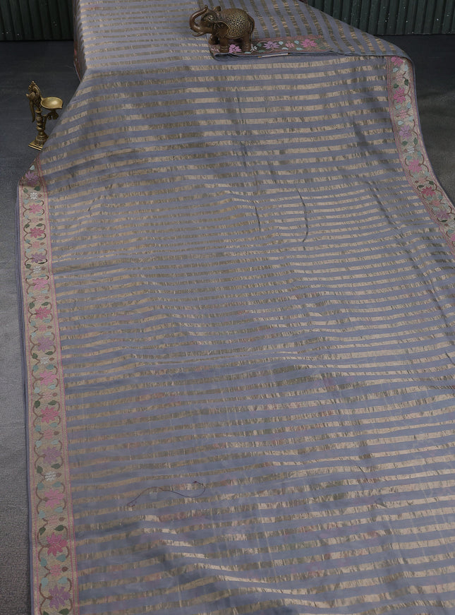 Grey-Chanderi Cotton Saree With Embroidery