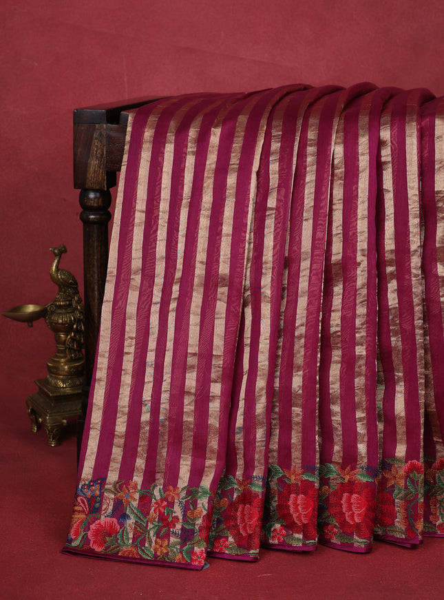 Purple-Beige Chanderi Cotton Saree With Embroidery