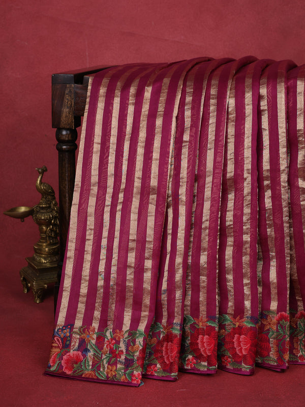 Purple-Beige Silk Saree With Embroidery