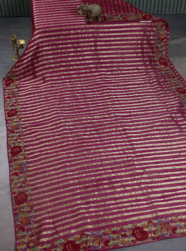 Purple-Beige Chanderi Cotton Saree With Embroidery