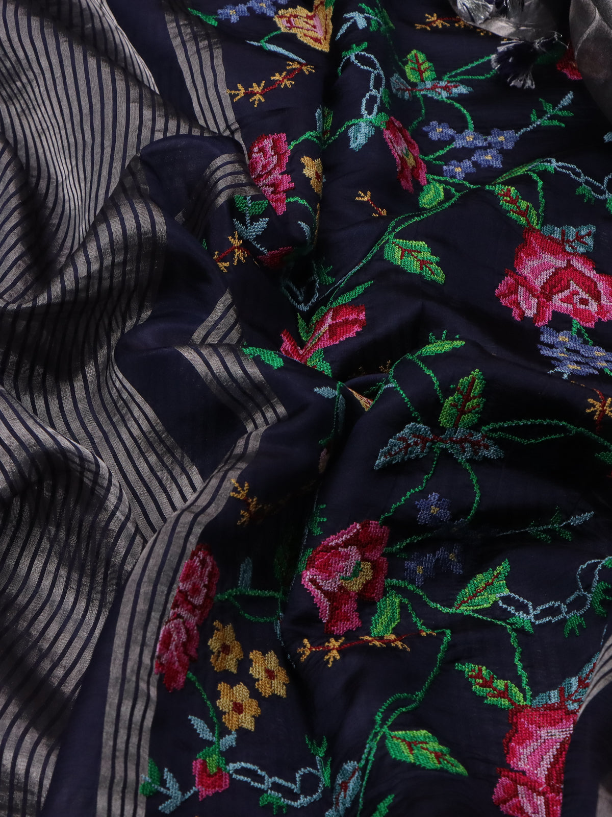 Navy Blue Chanderi Silk Saree