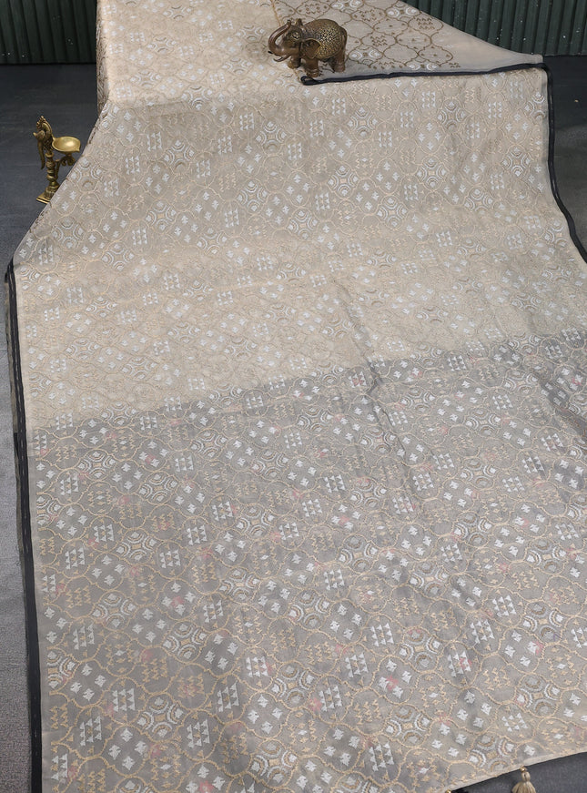 Beige -Black Tissue Organza Silk Saree With Embroidery