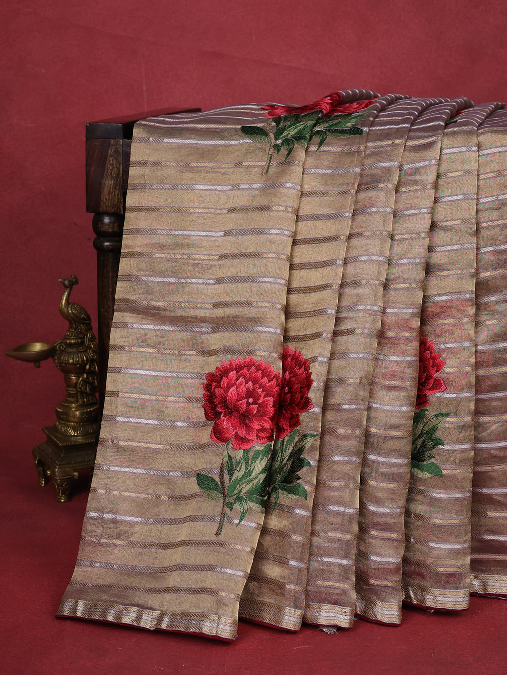 Beige-Maroon Tissue Silk Saree