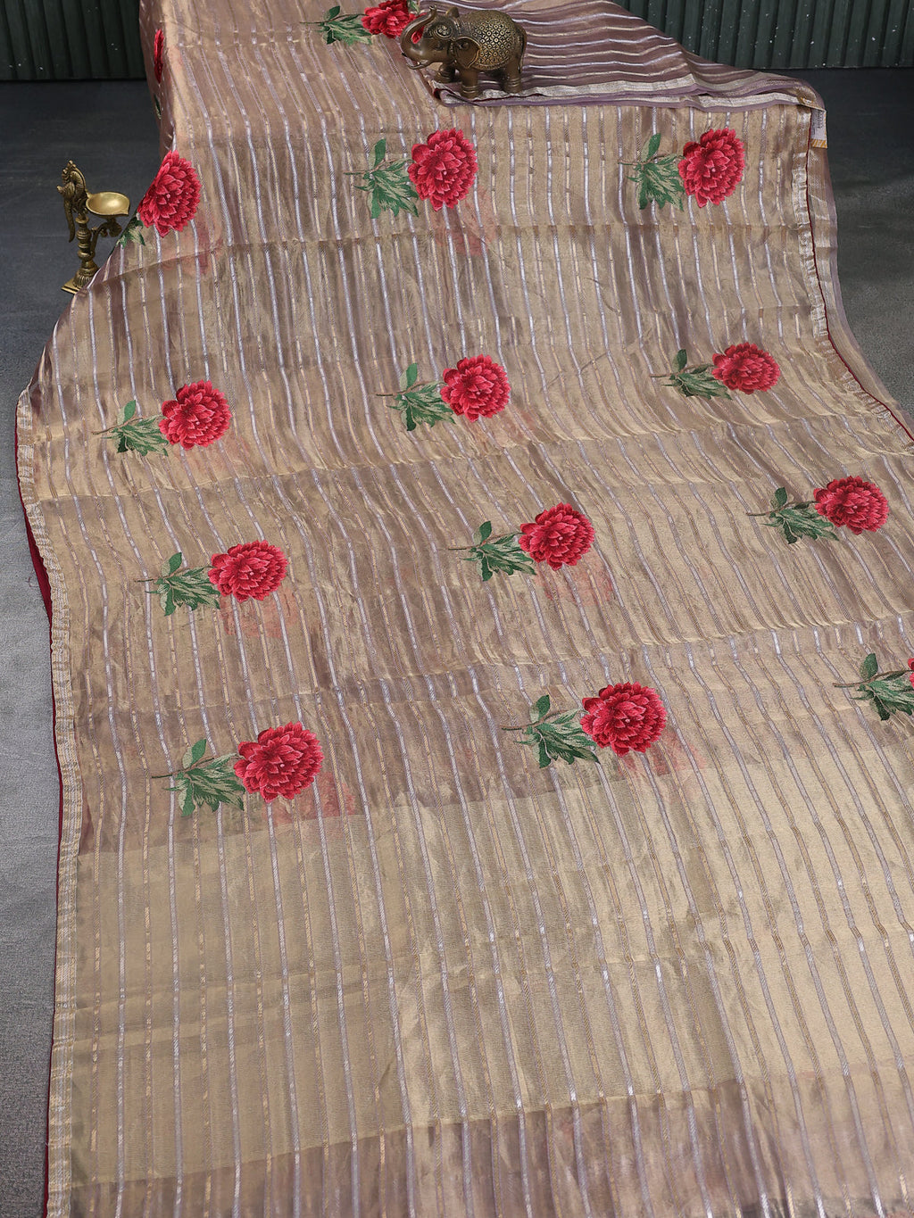 Beige-Maroon Tissue Silk Saree