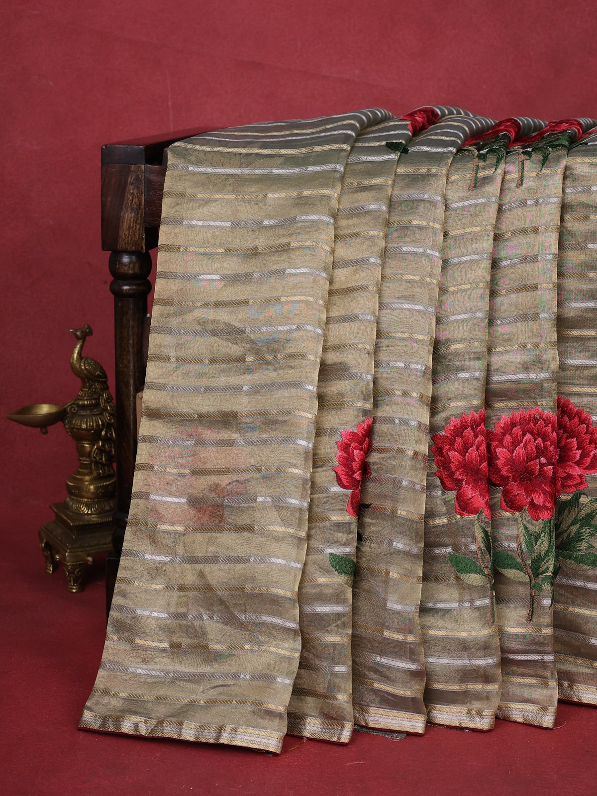 Grey Shade-Maroon Tissue Silk Saree