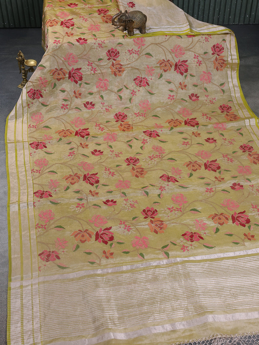 Lime Yellow Tissue Silk Saree