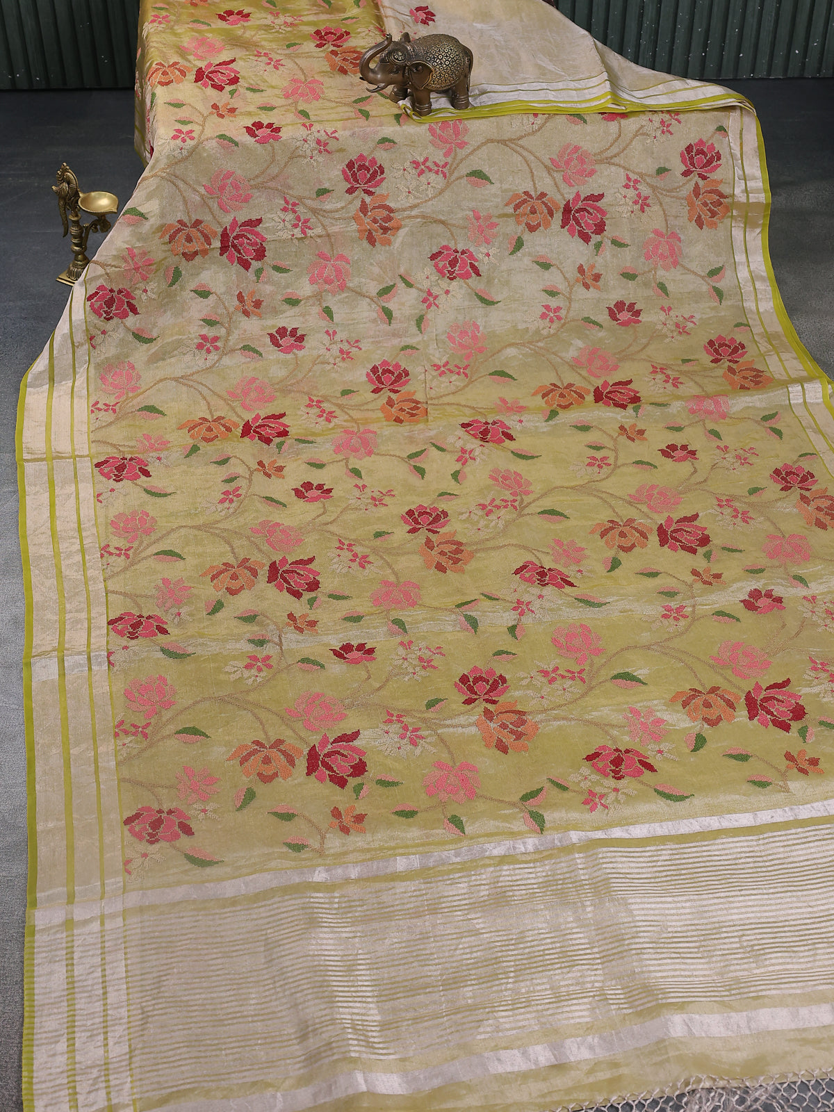 Lime Yellow Tissue Silk Saree