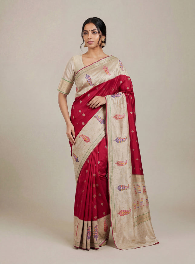 Red -Cream Banarasi Silk Saree