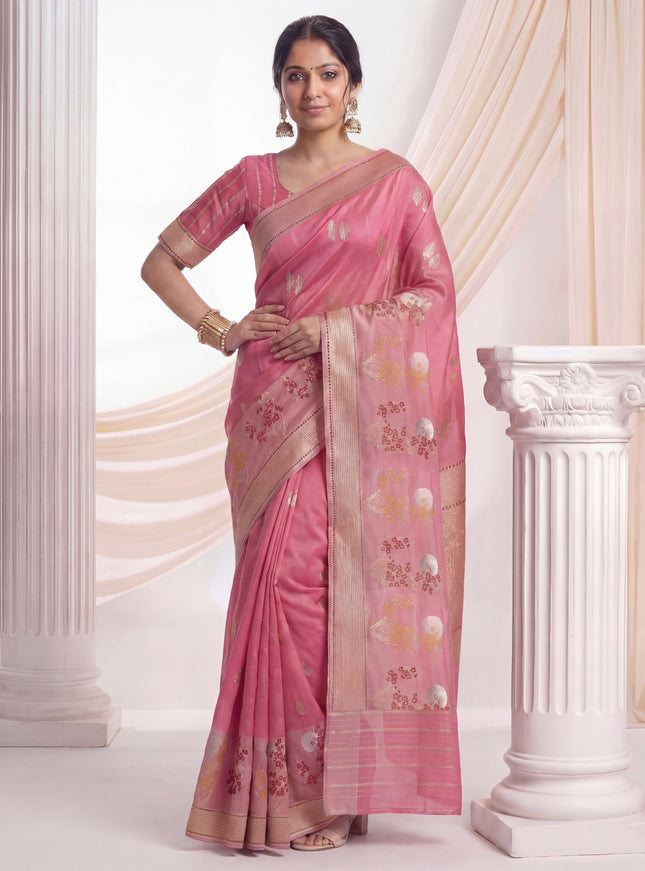 Peach Pink Banarasi Kora Saree