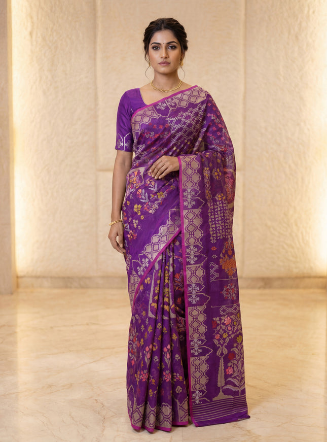 Violet-Pink Banarasi Real Zari Kora Saree