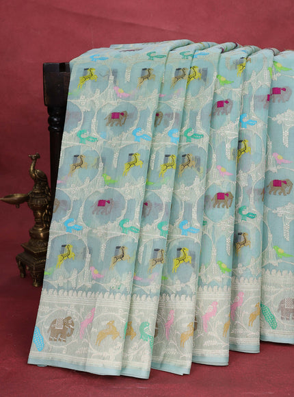 Teal Blue Banarasi Kora Saree