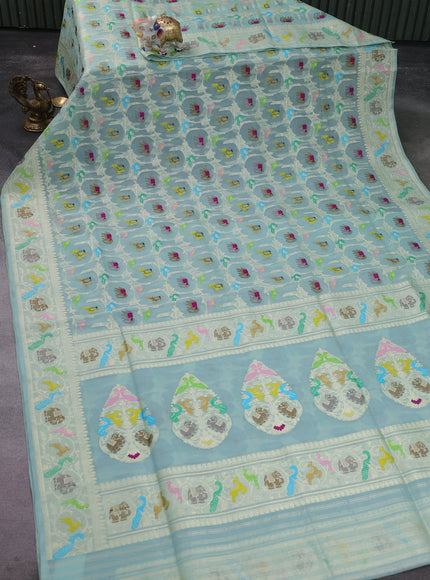 Teal Blue Banarasi Kora Saree