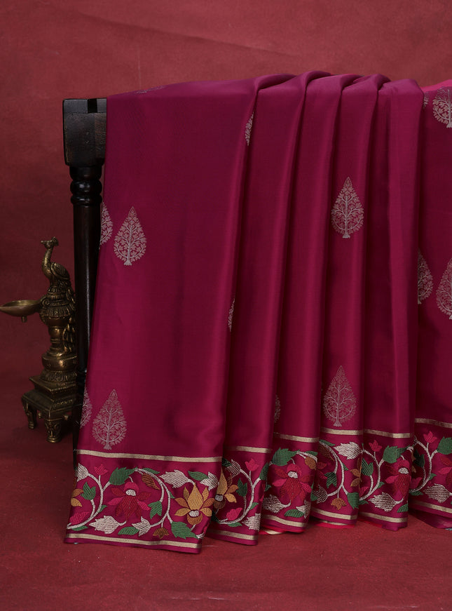 Pink Crepe Silk Saree With Border Embroidery