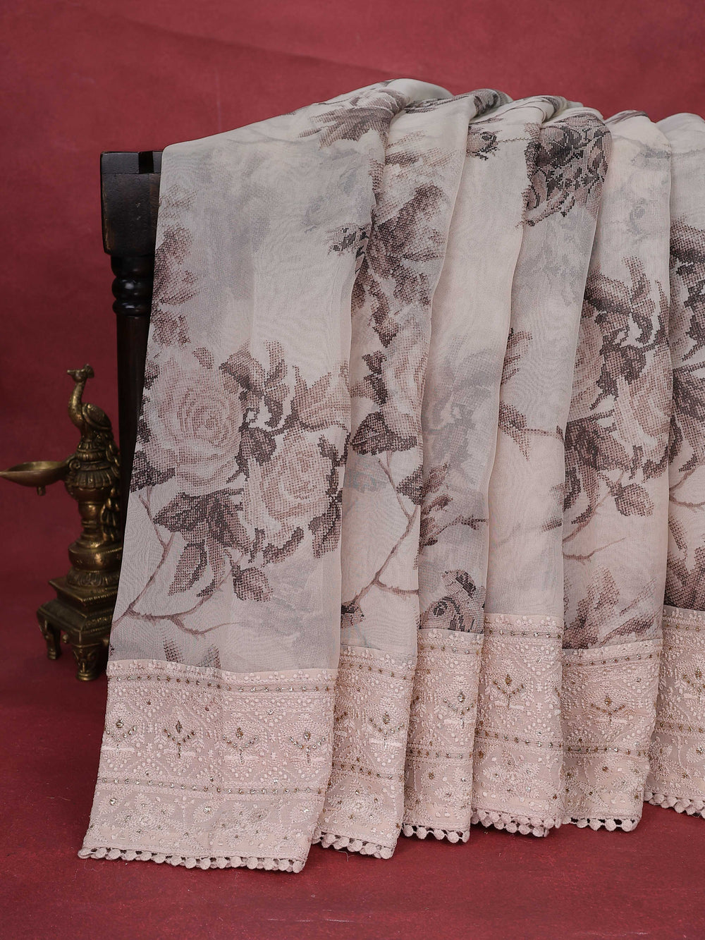 Beige Organza Silk Saree