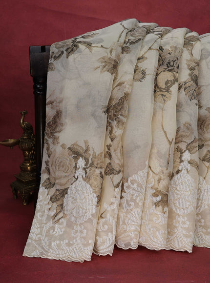 Cream Organza Silk Saree