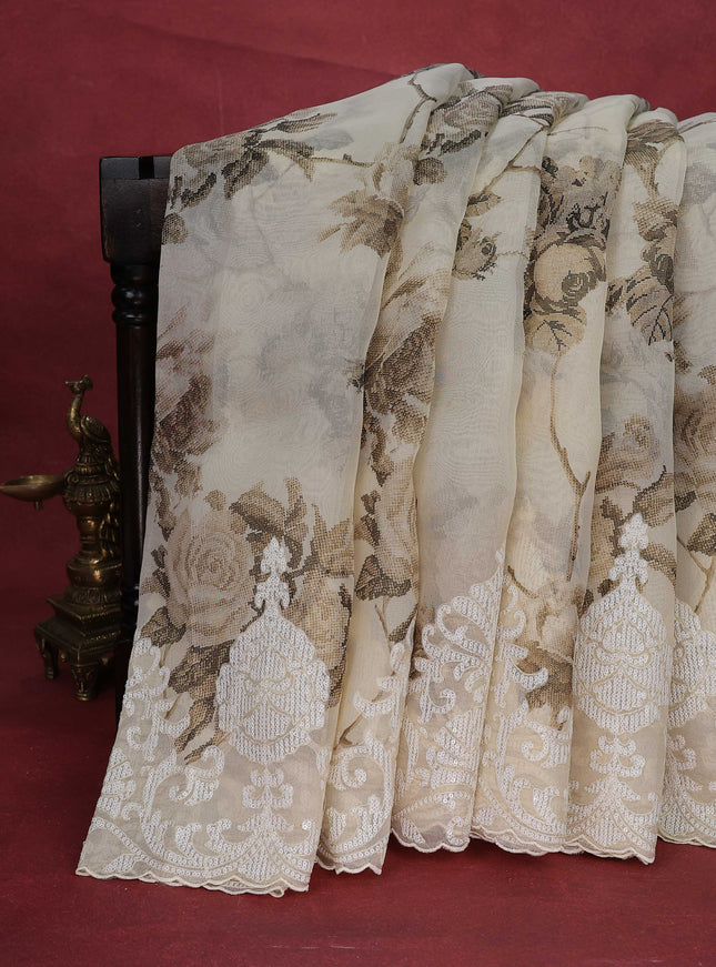 Cream Organza Silk Saree