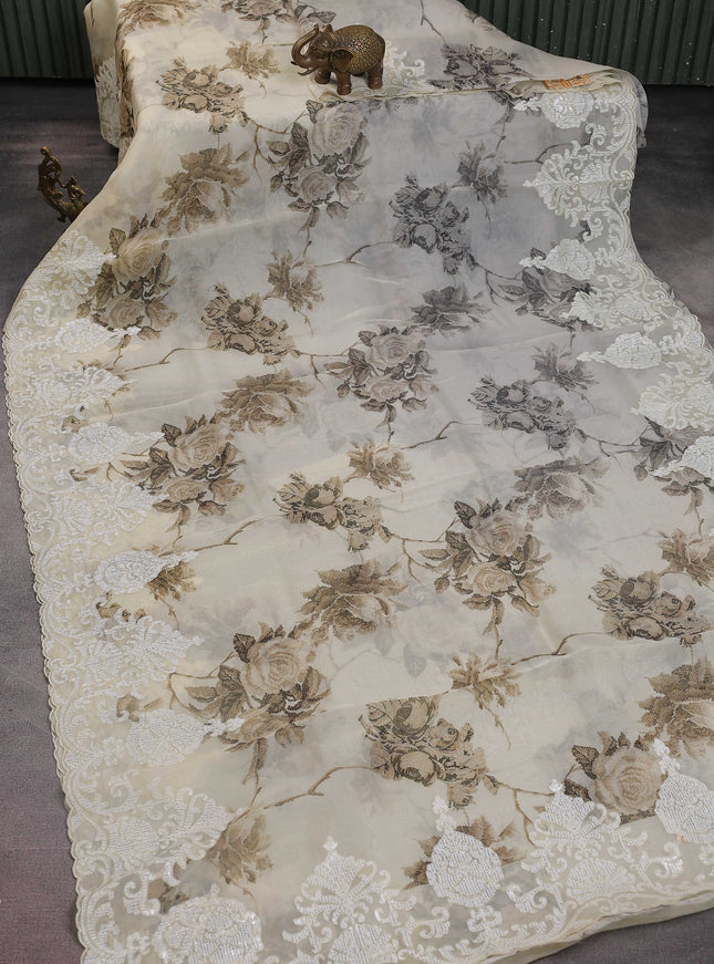 Cream Organza Silk Saree