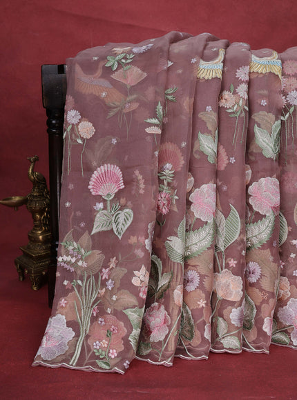 Brown Organza Silk Saree With Embroidery