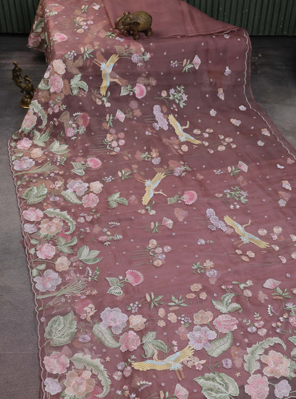 Brown Organza Silk Saree With Embroidery