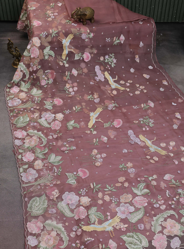Brown Organza Silk Saree With Embroidery