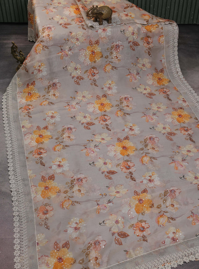 Grey Organza Silk Saree