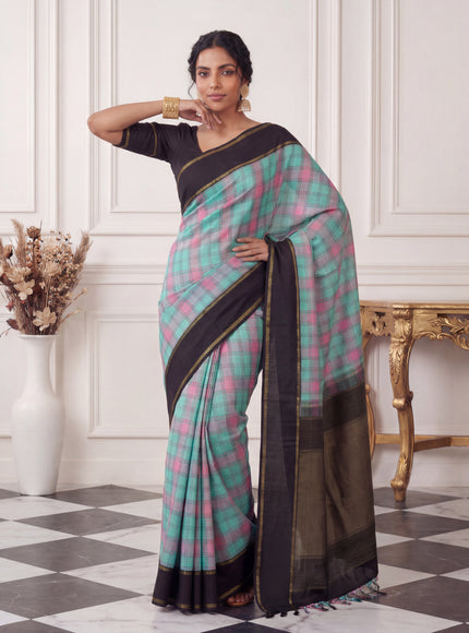 Teal Green-Black Kanchipuram Silk Saree